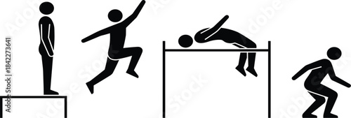 High jump sequence, athlete silhouette, sports motion, black vector, jumping technique, training pose, dynamic movement, track and field, illustrationHigh jump sequence, 