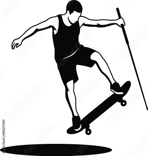 Skateboarding trick, disabled athlete, inclusive sport, black silhouette, cane user, extreme motion, vector icon, airborne pose, dynamic action, illustrationSkateboarding trick, disabled athlete, 