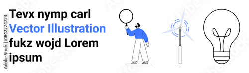 Person holding a round balloon, minimal wind turbine and light bulb designs representing clean energy, innovation, and creativity. Ideal for environment, sustainability, innovation, tech, energy