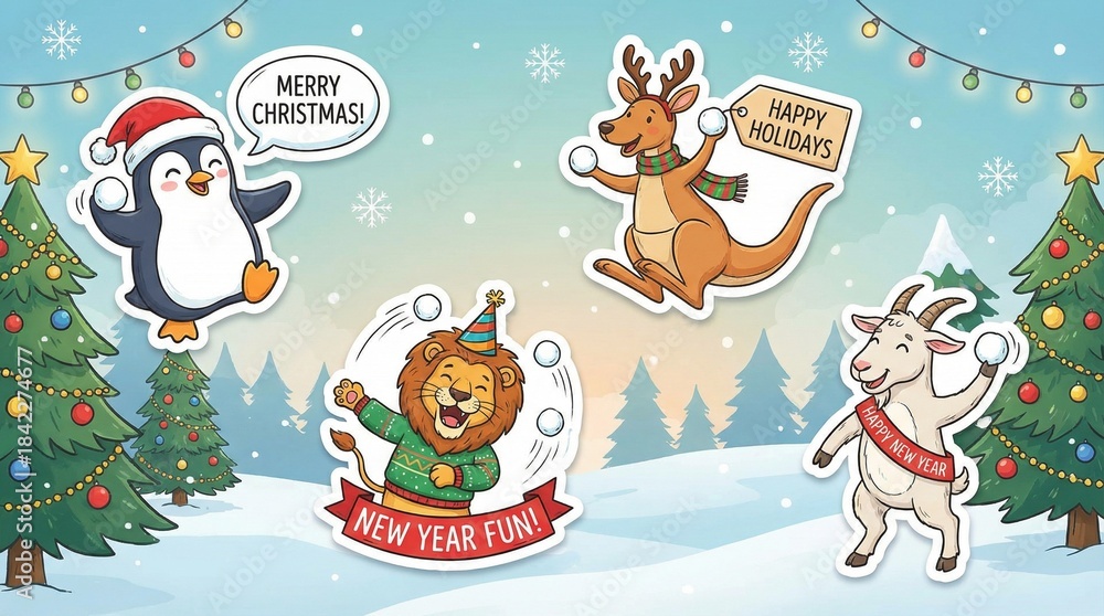 Fototapeta premium Cartoon animals celebrating Christmas and New Year in winter scene 