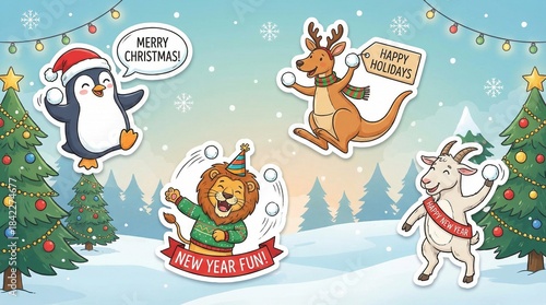 Cartoon animals celebrating Christmas and New Year in winter scene  