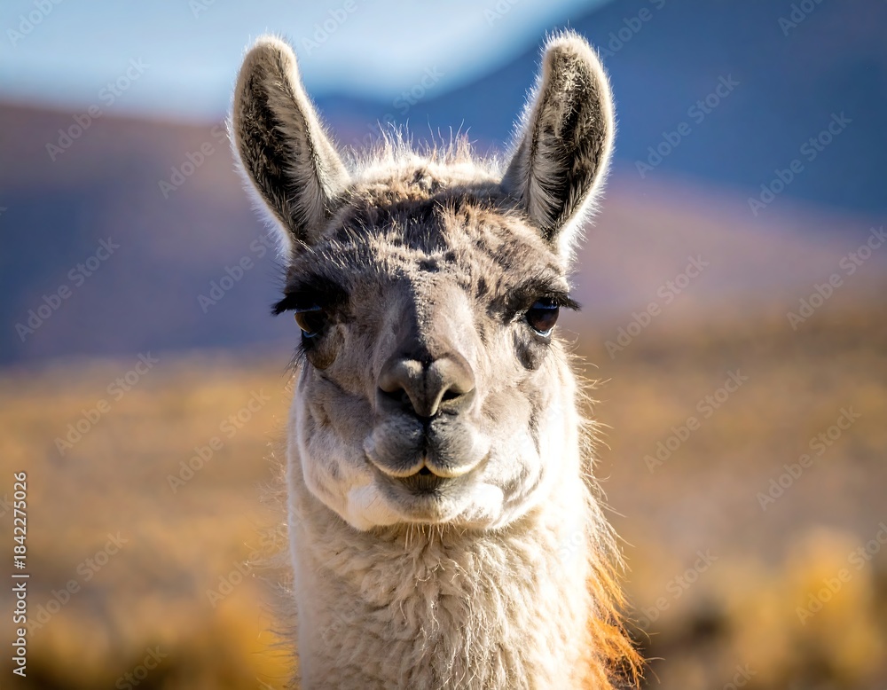 Naklejka premium Portrait of a llama, looking directly at the camera in sunlight