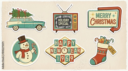 Vintage stickers featuring Christmas and New Year decorations  