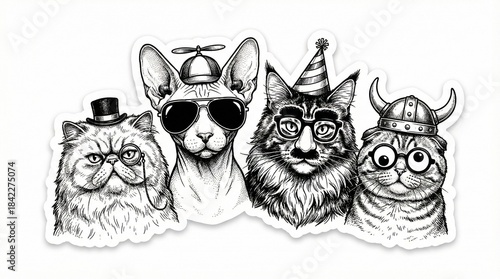 Four cartoon cats wearing hats and glasses for Winter Christmas and New Year sticker  