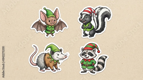Cute animal stickers in festive elf outfits for Winter Christmas and New Year sticker  