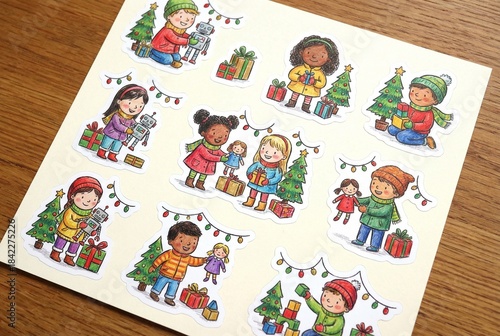 Diverse children celebrating Winter Christmas and New Year sticker  