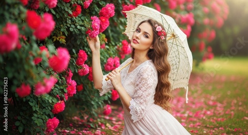 Wallpaper Mural A woman in a white dress and hat touches pink roses in a garden on a sunny day. Torontodigital.ca