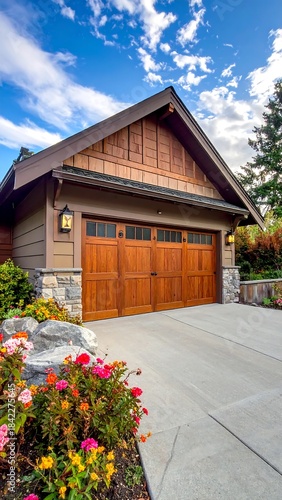 Wooden garage door under a brown house with a blue cloudy sky