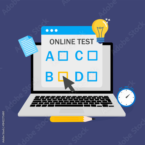 Concept of online exam, online testing, questionnaire form, online education, survey, internet quiz.