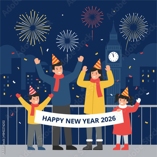 Happy Family Celebrating New Year 2026 with Fireworks and Banner on Balcony with Big Ben Cityscape Background.