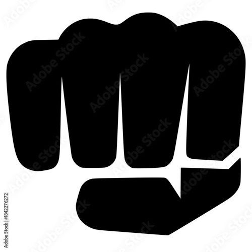 Bold graphic illustration of a clenched fist or punch in a black silhouette.