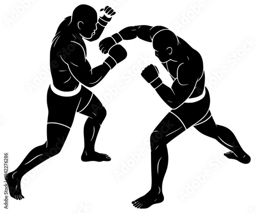 Black silhouette of two MMA or boxing fighters sparring, one landing a punch to the head. Represents martial arts, sports, competition, fitness, combat, and strength.
