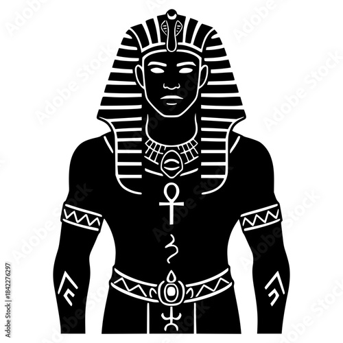 Bold black silhouette icon of an Egyptian Pharaoh wearing the Nemes headdress, Uraeus cobra, and broad collar, holding an Ankh.
