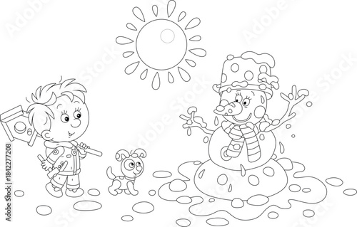 Melting snowman and a happy little boy with a funny puppy walking and carrying a small wooden homemade birdhouse to nail it to a tree in a spring park, black and white outline vector cartoon illustrat