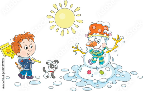 Melting snowman and a happy little boy with a funny puppy walking and carrying a small wooden homemade birdhouse to nail it to a tree in a spring park, vector cartoon illustration on white
