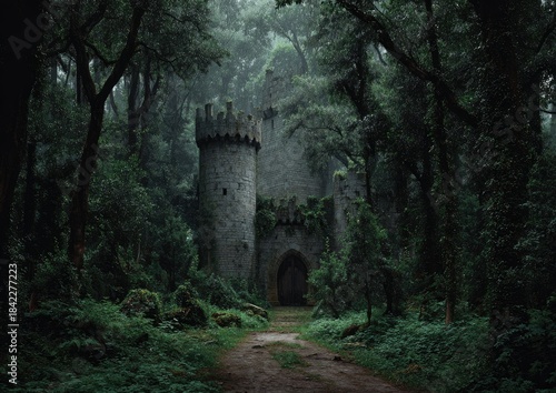 Misty forest surrounds ancient stone castle