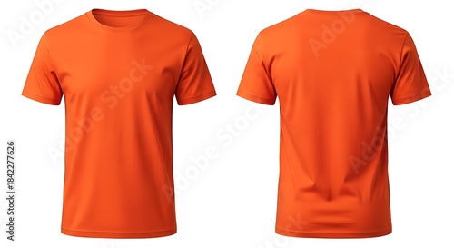 Front and back view of a plain orange tshirt isolated on white background