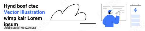 Technology, cloud computing, energy efficiency, data storage, teamwork, and digital communication. Minimal art with a cloud, a person at a display and a battery icon. Cloud computing and energy