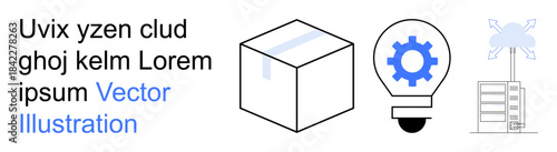 Cloud computing, innovation, digital storage, IT solutions, data management, system design. Icons include a cube, gear lightbulb data server and networking imagery. Cloud computing and innovation