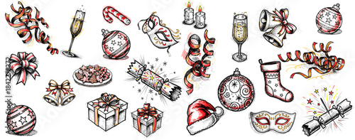 Hand-Drawn Christmas Doodle Set with Winter Holiday Objects, Gifts, Ornaments and Cozy Festive Symbols, Playful Seasonal Illustration Collection