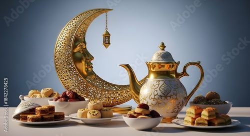 Ramadan still life with crescent moon silverware and traditional arabic sweets