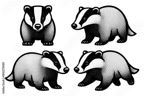 Retro style black and white badger set with halftone shading