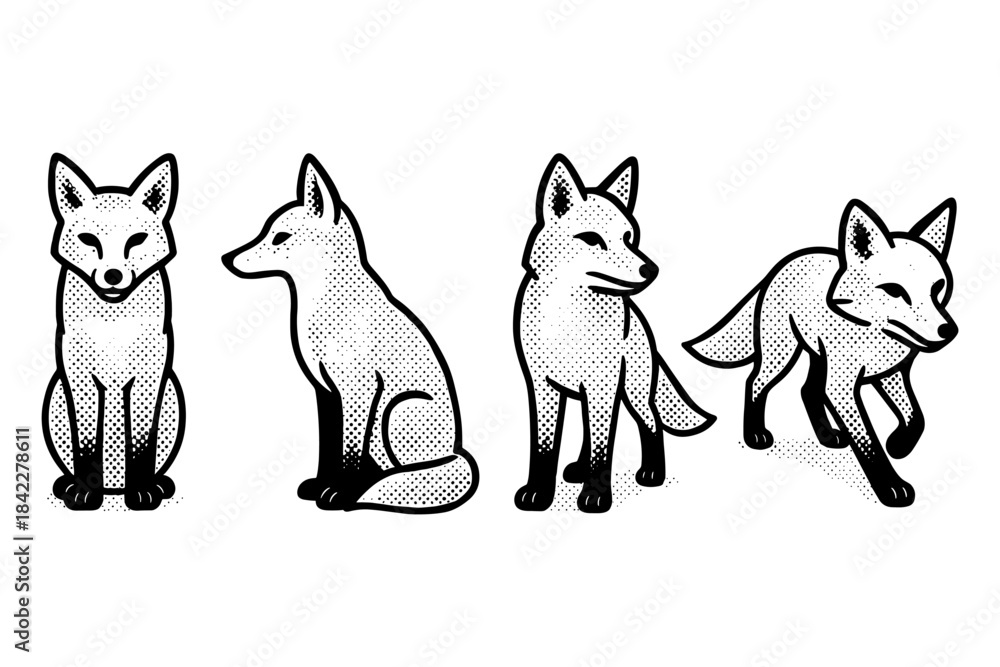 Obraz premium Retro style fox silhouettes with halftone effects in various poses