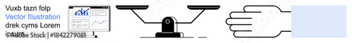 Data analysis, decision-making, trade-offs, fairness, technology, and communication. A monitor with diagrams, weighing scale hand gesture and an abstract blue shape. Data analysis and fairness