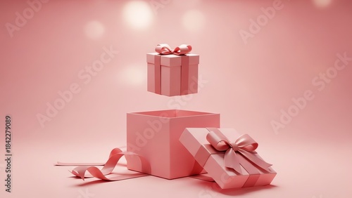 Pink gift box and floating present with ribbon