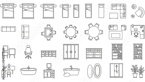 Architectural Plan Elements: Sleek Solid Outline Furniture and Fixture Icons
