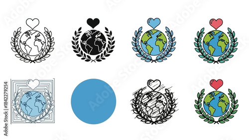Global unity and peace symbolized by a heart and laurel wreath around the Earth