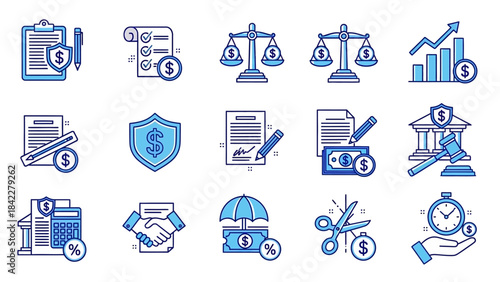 Sleek Solid Business and Finance Icon Set for Legal and Money Management
