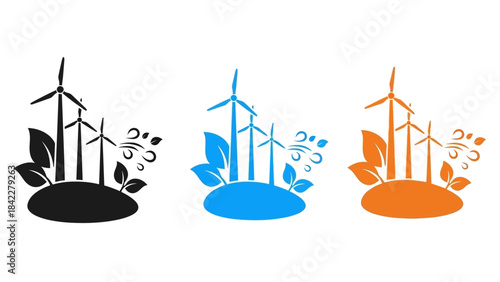 Sleek Solid Wind Turbine and Leaf Icons for Sustainable Energy Generation