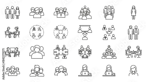 Sleek Line Icons: Business Professionals, Group Meetings, and Collaborative Workplace Interactions