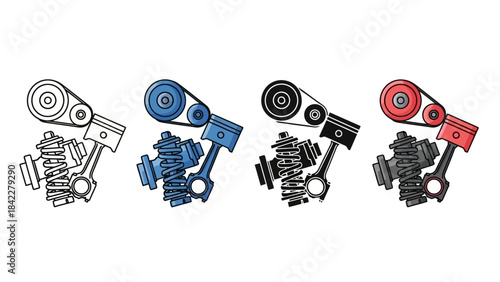 Sleek and Solid Automotive Engine Components Icons: Piston, Spring, Pulley Set in Multiple Styles