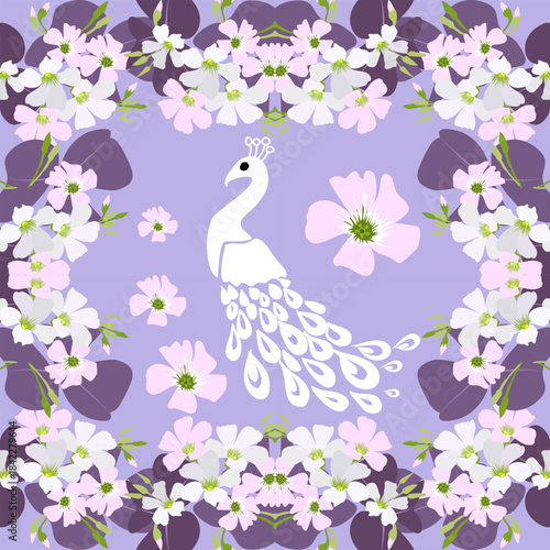 Elegant vector artwork featuring a white peacock surrounded by soft pink and purple flowers on a lavender background, perfect for fabric prints, wallpapers, and decorative design projects.