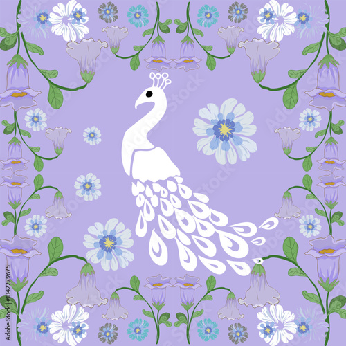 Elegant vector artwork featuring a white peacock surrounded by soft pink and purple flowers on a lavender background, perfect for fabric prints, wallpapers, and decorative design projects.