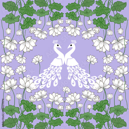Elegant vector artwork featuring a white peacock surrounded by soft pink and purple flowers on a lavender background, perfect for fabric prints, wallpapers, and decorative design projects.