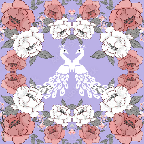 Elegant vector artwork featuring a white peacock surrounded by soft pink and purple flowers on a lavender background, perfect for fabric prints, wallpapers, and decorative design projects.