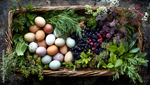 A basket packed with farm-fresh eggs, herbs, berries, and greens, arranged naturally on a market table
