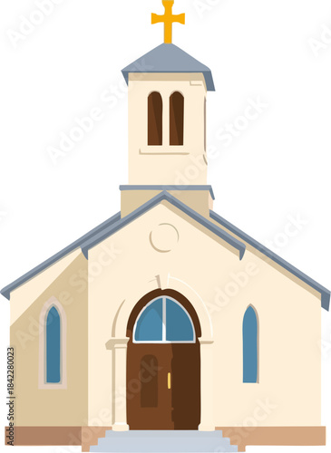 Flat front view illustration of small beige church with tower, wooden doors and cross