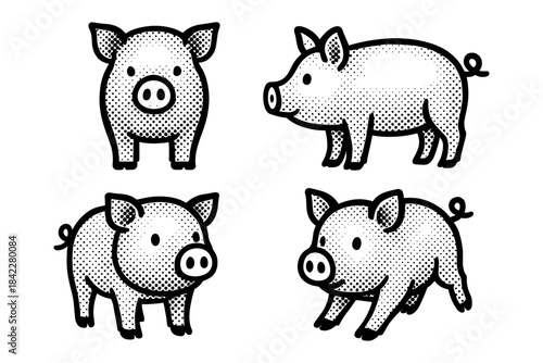 Retro style cute pig patterns in black and white halftone design