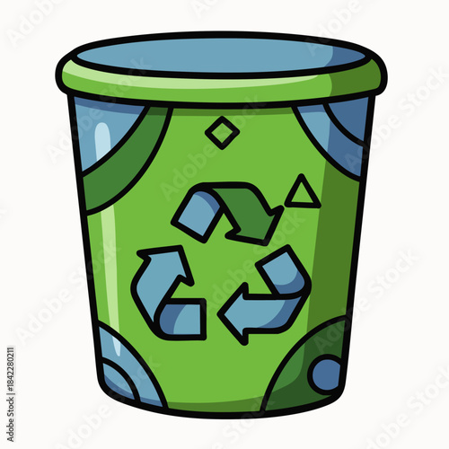 A bright green cartoon recycling bin adorned with the universal recycling symbol encourages waste reduction and environmental responsibility.
