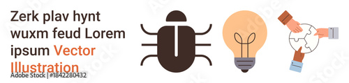 Cybersecurity, problem-solving, innovation, teamwork, solutions, digital systems. Black bug, lightbulb and two hands connecting puzzle. Cybersecurity and problem-solving concepts