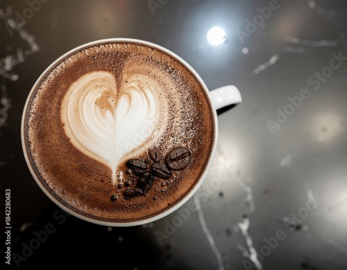Coffee with Heart-Shaped Latte Art on Marble.