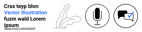 Audio recording, voice recognition, communication tools, dialogue validation, digital interaction, user interface design. Includes microphone icon, speech bubble, and abstract plant graphic