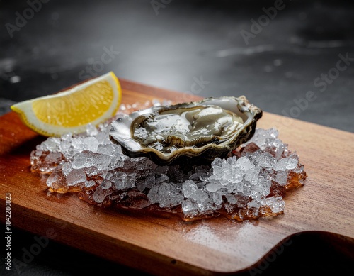 oyster on ice with lemon.