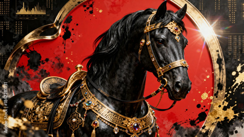 Red and gold background, dressed as a dark horse