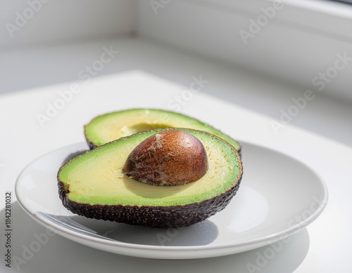 Avocado half on white plate.