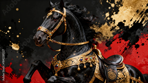 Red and gold background, dressed as a dark horse